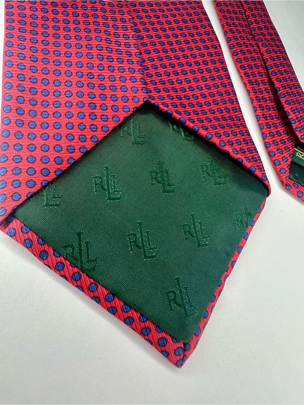 Vintage LAUREN RALPH LAUREN Red & Blue Polka Dot Classic 100% Silk Tie, 3.75” - Picture 5 of 8